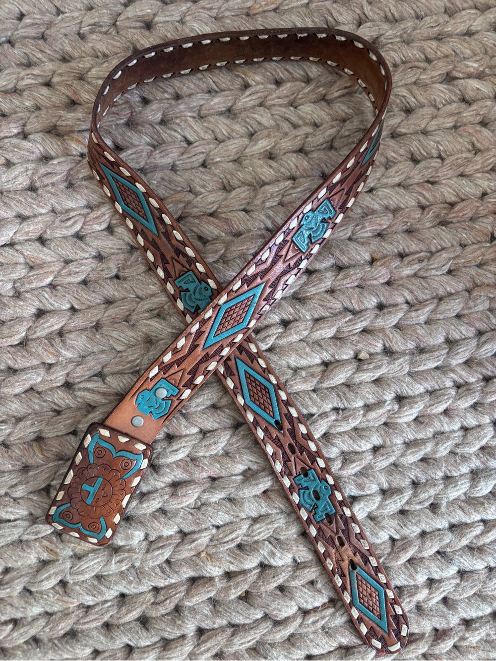 Vintage Genuine Leather Southwestern Tooled Belt Turquoise Hand Laced
